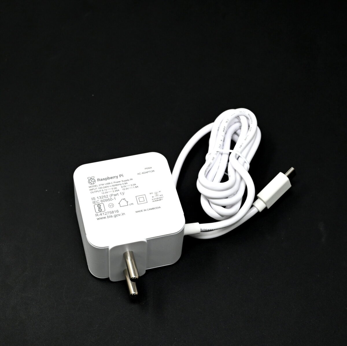 Official Raspberry Pi 5 27W USB-C PD Power Supply White IN Plug Side View