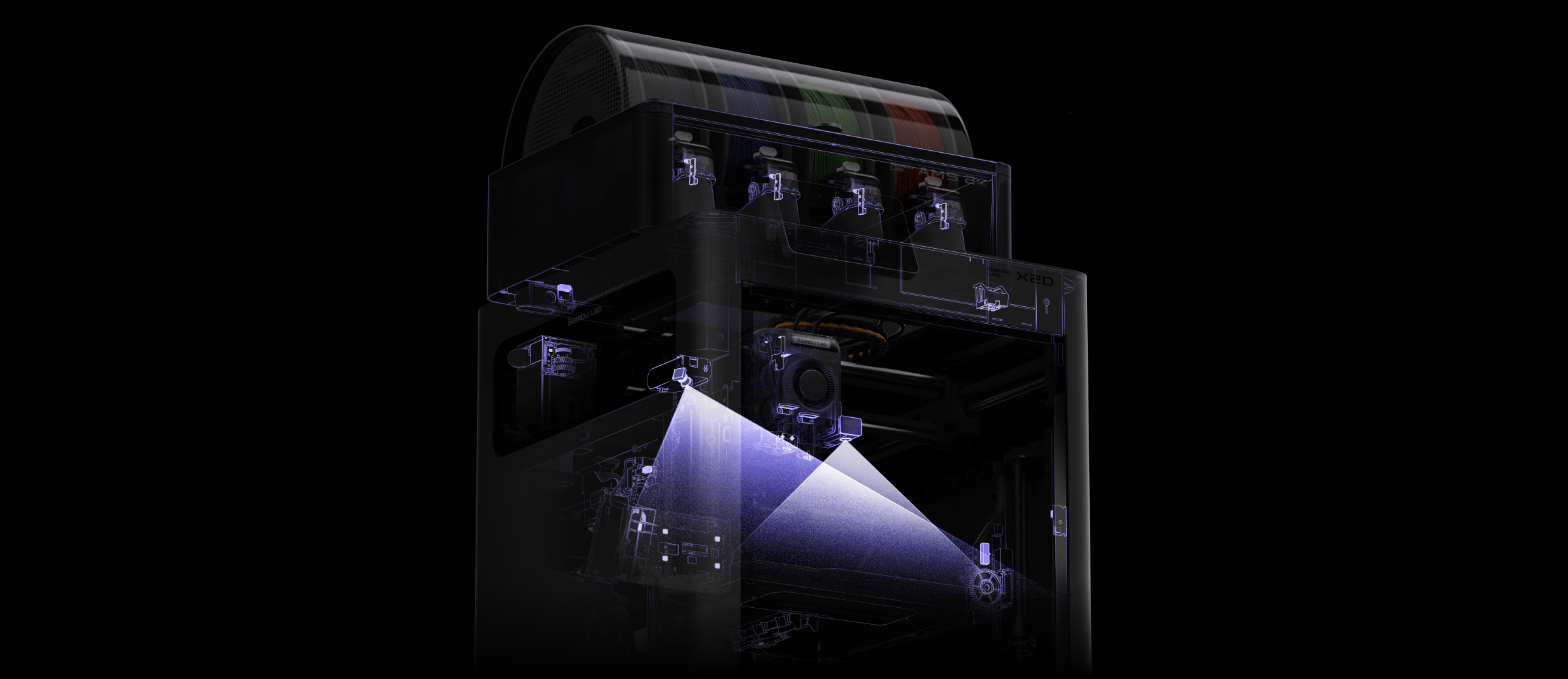 Bambu Lab X2dc 3D Printer with AMS | Multi-Color High-Speed CoreXY 12 Bambu Lab X2D 31-sensor system for filament path and thermal monitoring