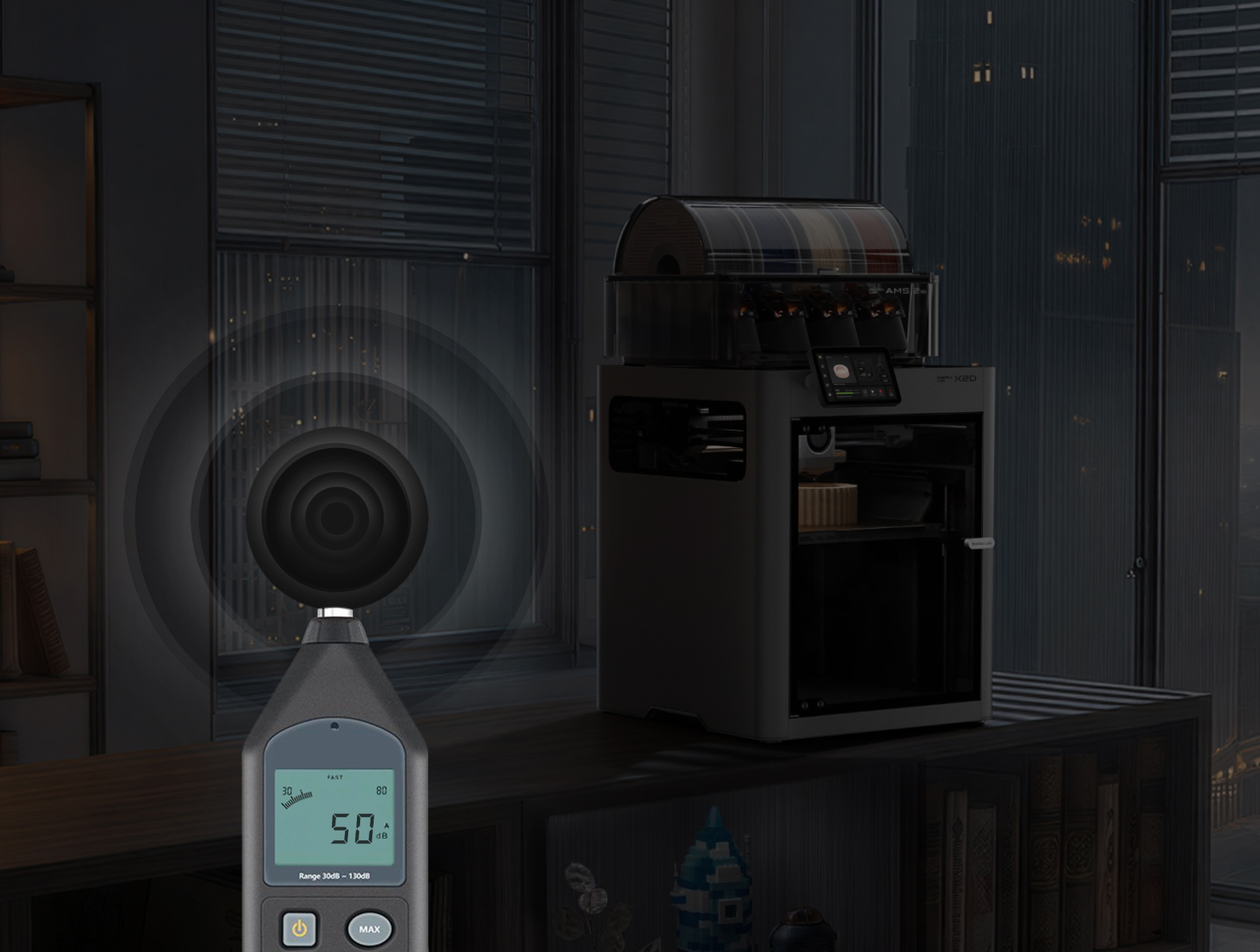 Bambu Lab X2dc 3D Printer with AMS | Multi-Color High-Speed CoreXY 15 Bambu Lab X2D quiet overnight printing under 50 dB