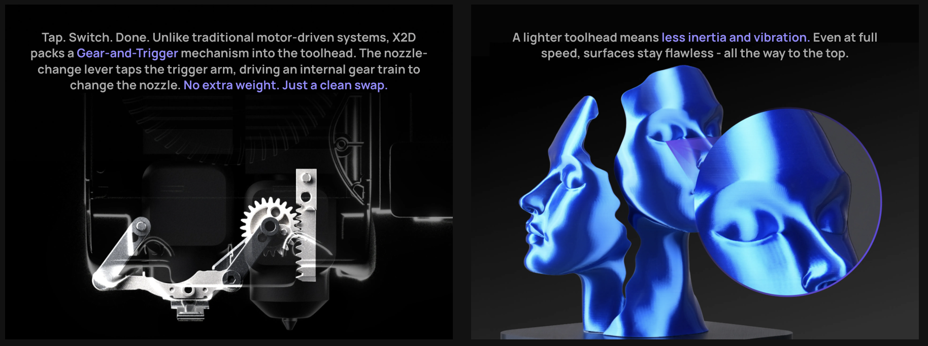 Bambu Lab X2dc 3D Printer with AMS | Multi-Color High-Speed CoreXY 5 Bambu Lab X2D Gear-and-Trigger nozzle change mechanism