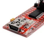 FT232RL UART adapter showing 2.54mm pin headers: GND, CTS, VCC, TX, RX, DTR — 5V 3.3V solder jumper on back