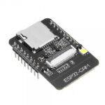 ESP32-CAM OV2640 camera module side view showing pin header layout, microSD card slot and power pads