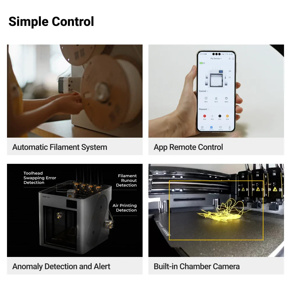Snapmaker U1 3D Printer – 4 Automatic Toolheads for Multi-Color Printing 5 Snapmaker U1 3D Printer simple control with app and AI chamber camera