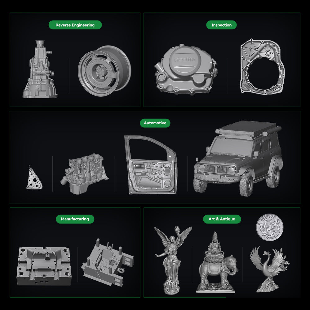 Creality RaptorX 3D Scanner 12 Creality RaptorX 3D Scanner applications: reverse engineering, inspection, automotive, manufacturing, art