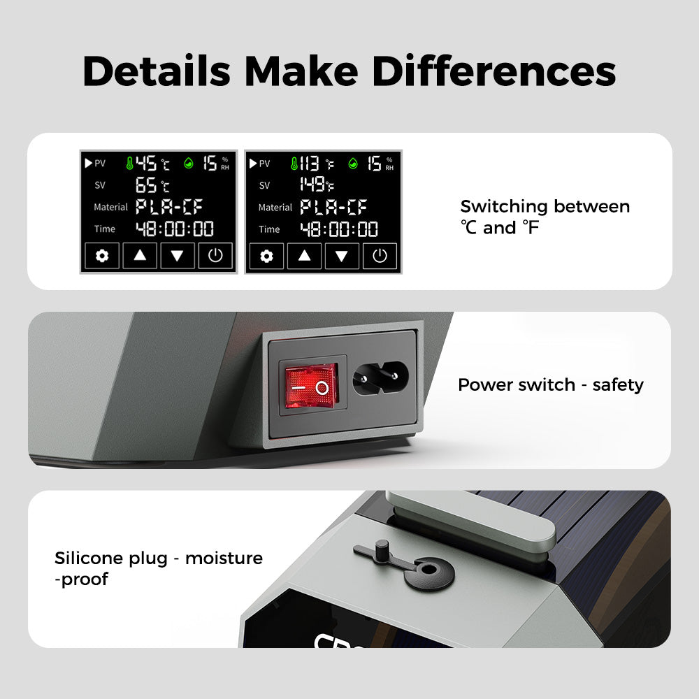 Creality Space Pi Filament Dryer 6 Creality Space Pi Filament Dryer details – °C/°F switch, power safety, moisture-proof plug